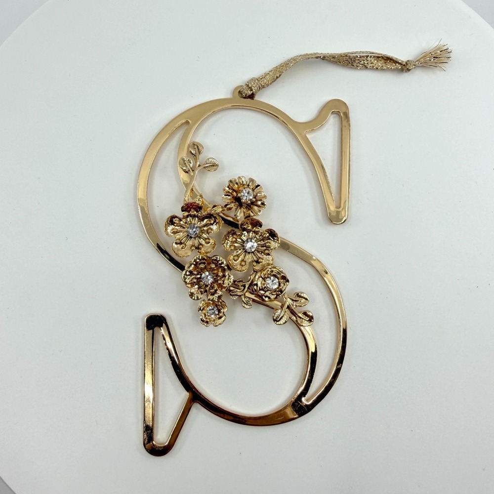 Gold Tone Letter S Ornament with Floral Crystal Accent - Decorative